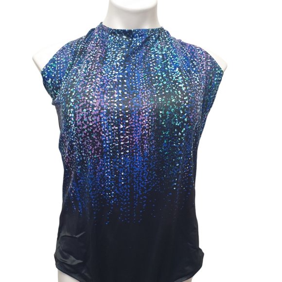 Aquabella Maillot Eng High Neck Blue Raindrops Swimsuit New - Picture 1 of 5